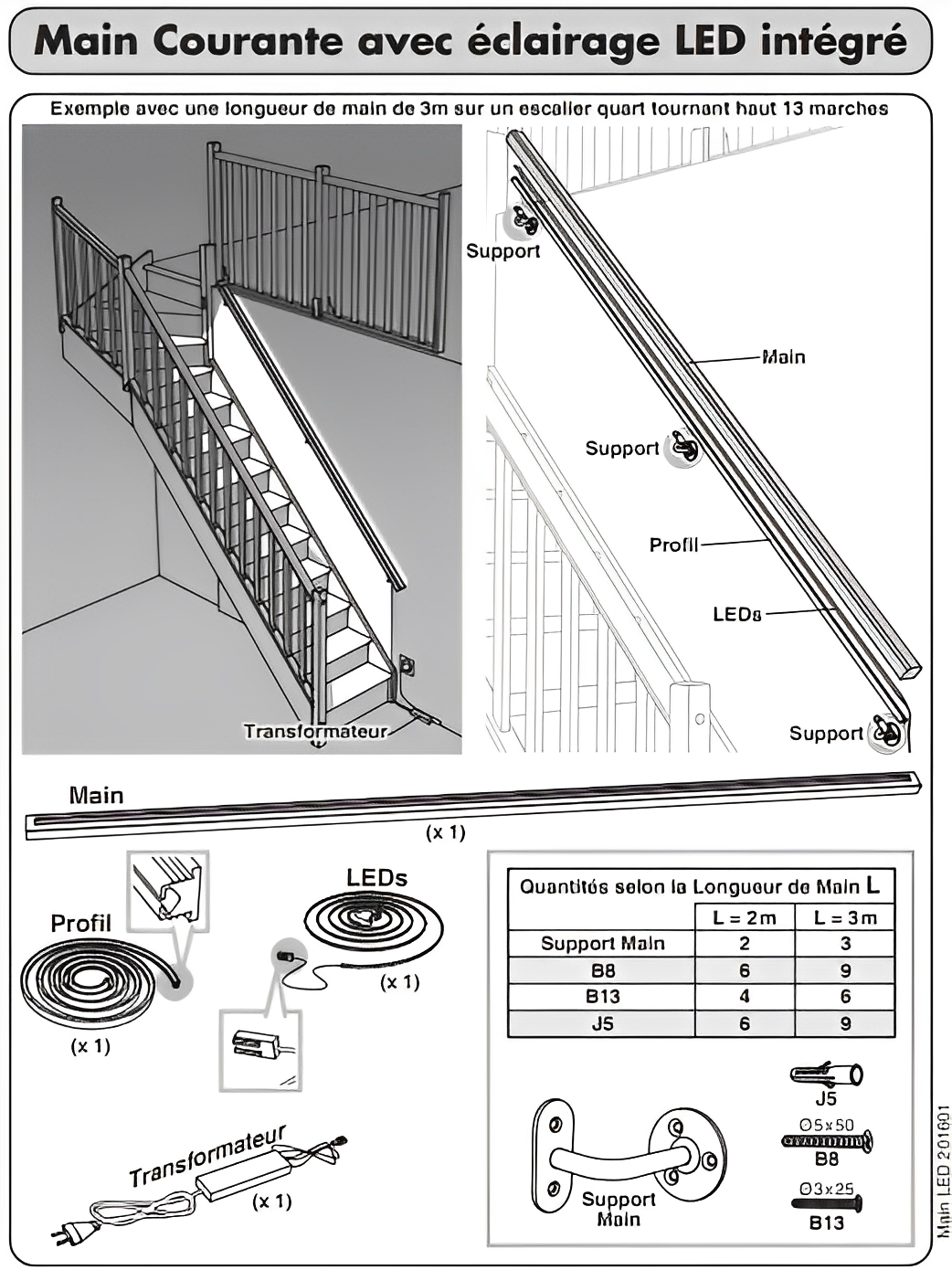 Main courante en bois pour escalier avec éclairage LED