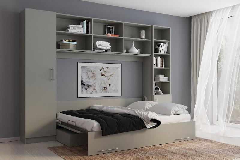 Lit escamotable VERTIGO SOFA avec canapé gris - 311 cm - couchage 140x200 cm - 2 colonnes de rangement_1