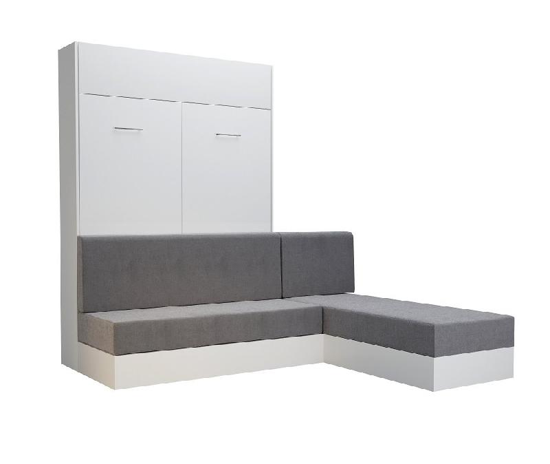 Lit escamotable Dynamo Sofa - Canapé angle méridienne réversible - Blanc mat et tissu gris - 140x200 cm_1