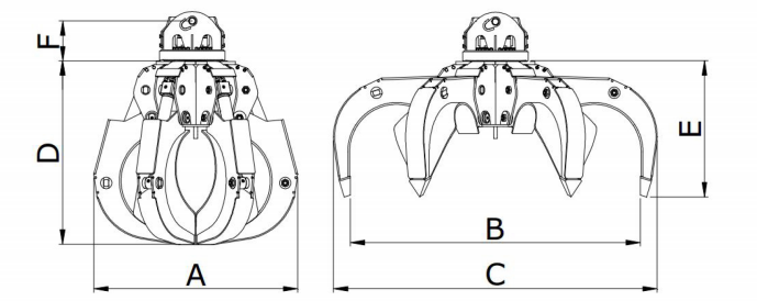 Grappin à vérins horizontaux OP - GDM - 5 dents, capacité 350-700L, charge 7-12T_1
