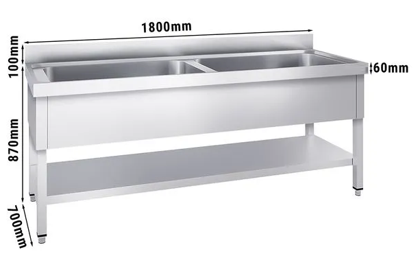 Plonge batterie en acier inoxydable avec 2 grands bacs 180x70 cm_1