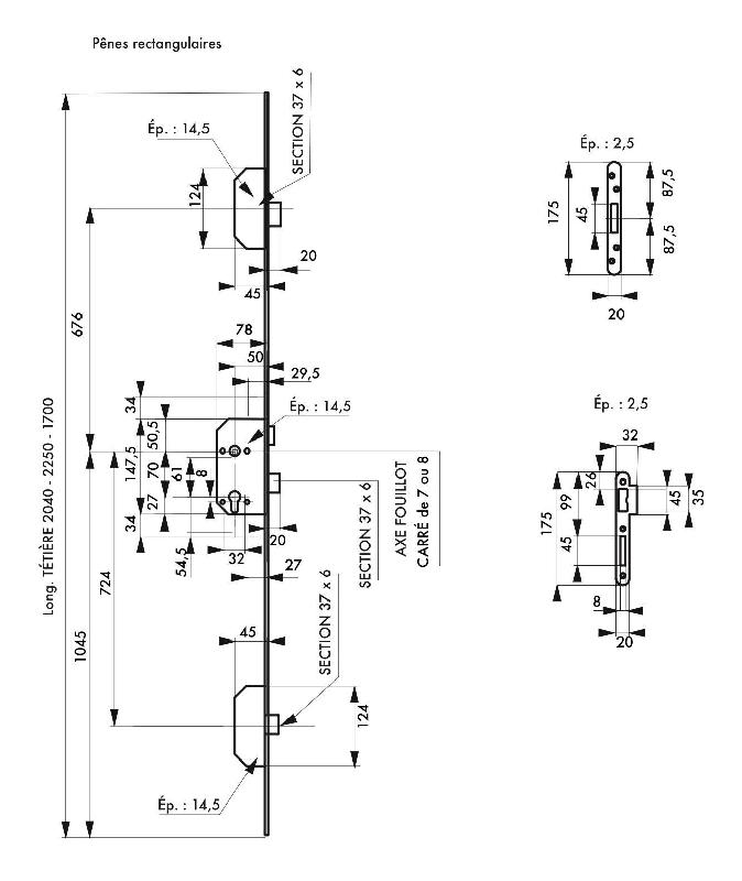 Serrure multipoint à encastrer 3 points - Pênes rectangulaires en saillie de 3mm - Têtière 1700 x 18mm - Thirard_1