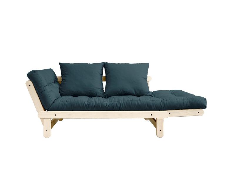 Banquette méridienne futon BEAT - pin naturel, tissu bleu pétrole - couchage 75x200 cm_1