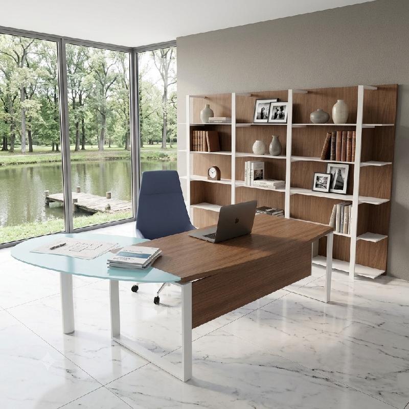 Bureau de direction X time Ring avec convivialité en verre - Quadrifoglio - 239, Blanc, Noyer canaletto, Droite_1