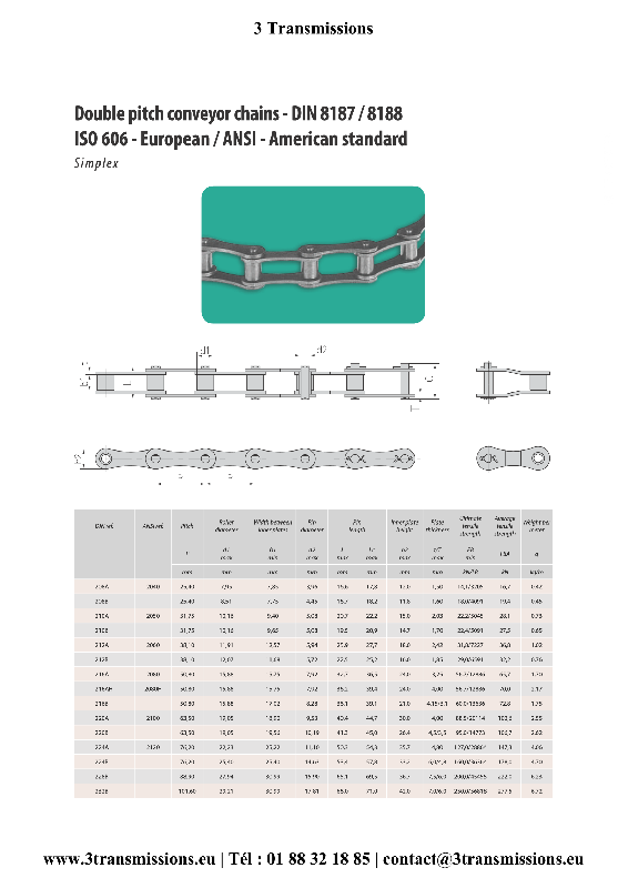 Chaîne de convoyage double pas - norme DIN/ISO ou ANSI - découpée sur mesure ou en rouleau de 5m_1