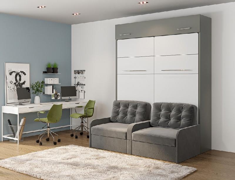Duo Sofa - Armoire lit escamotable avec canapé gris - 2 x 90/200 - Structure grise et façade blanche_1