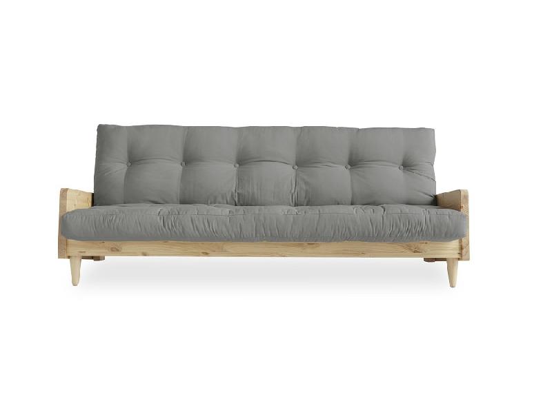 Canapé 3 places convertible INDIE - Style scandinave - Futon gris - Couchage 130x190 cm - Pin massif - Matelas confortable_1