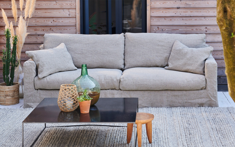 Chauffeuse double Biscarrosse 160 cm - Home Spirit - Confort plume et lin, structure en bois, déhoussable_1