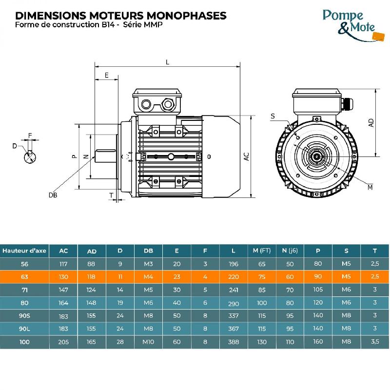 Moteur électrique Monophasé 220v 0.18 Kw 3000 Tr/min Condensateur Permanent - Mmp63k2b14 Bride B14 - Bobinage Cuivre_1