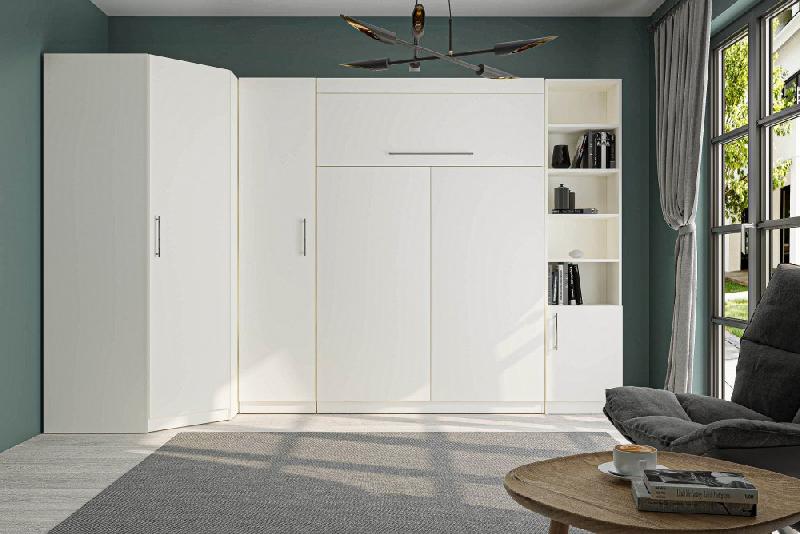 Composition armoire lit escamotable angle Lutecia blanc mat - 350 x 100 cm - Couchage 140 x 190 cm avec rangements intégrés_1