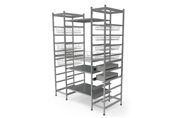 Rayonnage pour instruments et équipements stériles - système modulaire FamoStorage en acier inoxydable, 1200 kg par section_1