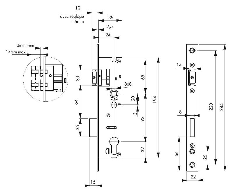 Serrure à encastrer pour porte d'entrée - axe 24 mm - L 39 mm - entraxe 92 mm - Thirard_1