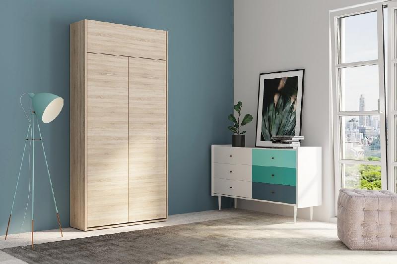 Armoire lit escamotable Dynamo - Chêne naturel - Ouverture assistée - Couchage 90x200 cm - Sommier à lattes_1