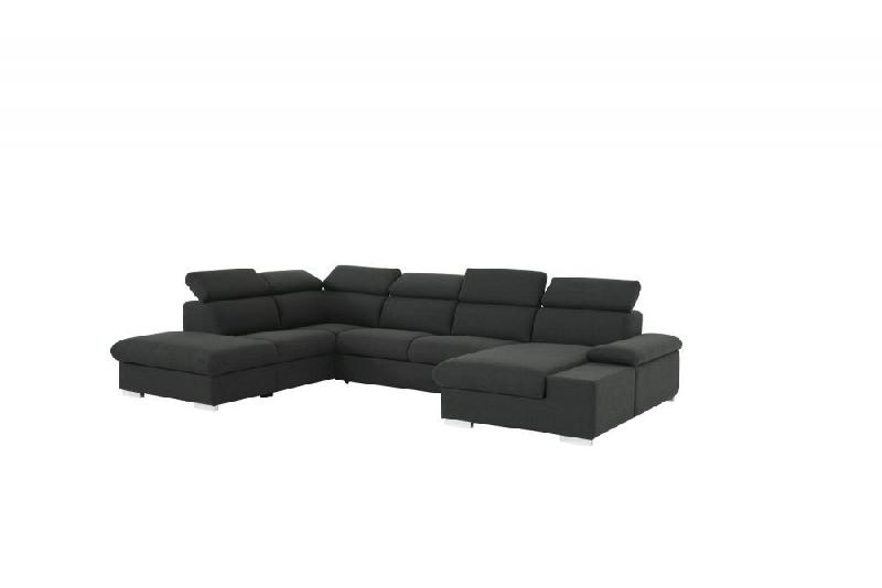 Canapé d'angle convertible panoramique gauche Panama - tissu gris anthracite avec méridienne coffre et lit gigogne 140x200 cm_1