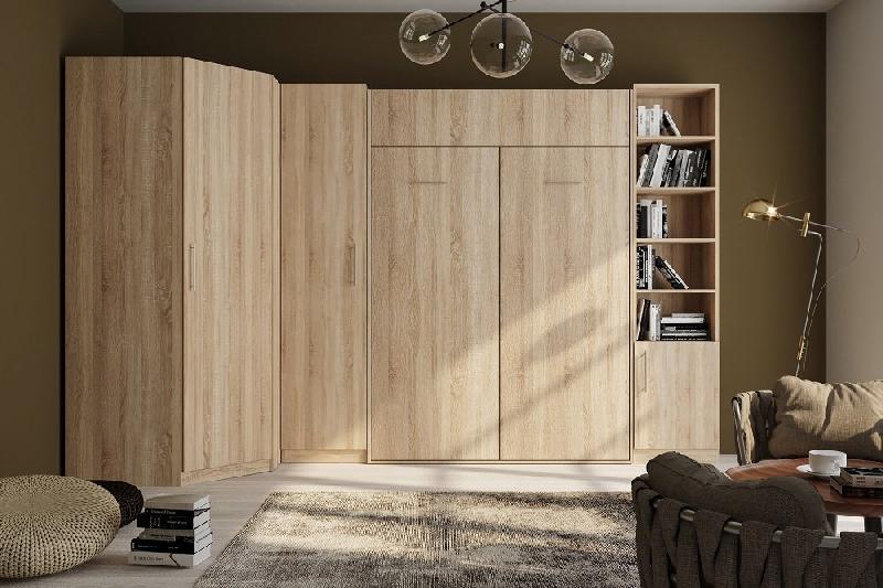 Composition lit escamotable DYNAMO chêne 140 x 200 cm - 2 colonnes rangement + angle - Sommier à lattes et ouverture assistée_1