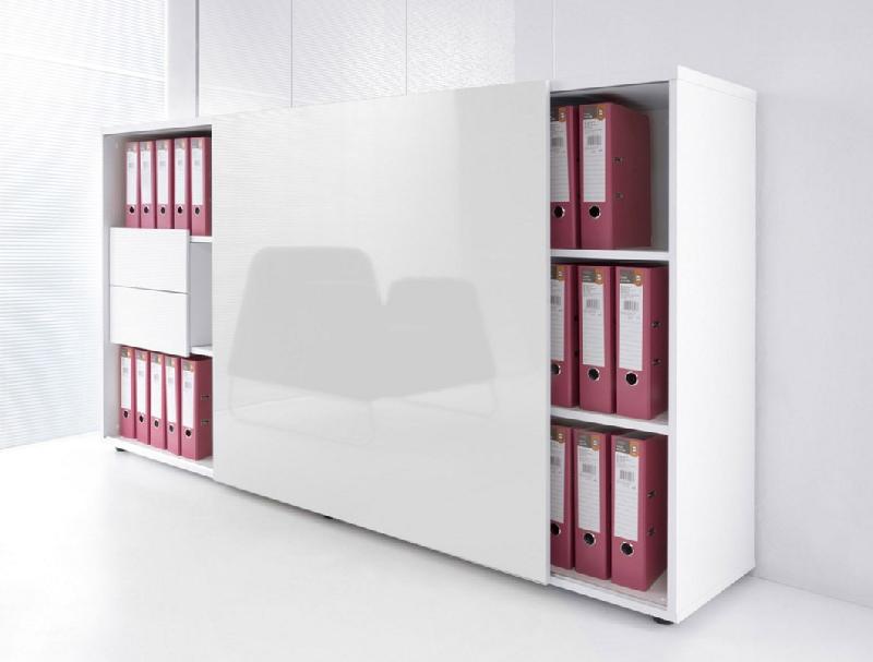 Armoire de bureau avec porte coulissante brillante - MDD - Blanc pastel, Blanc brillant_1