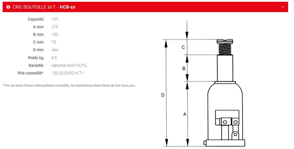 HBC-10 - Cric bouteille Sam Outillage - Capacité 10T - Robustesse et sécurité avec soupape de surcharge_1