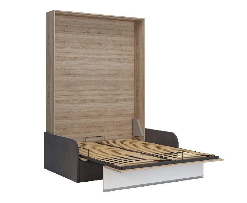 Armoire lit escamotable Bermudes Sofa - chêne bandeau blanc - canapé gris 140x200 cm avec coffre_1
