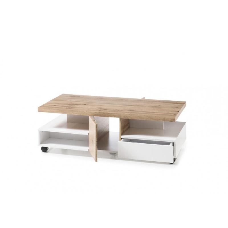 Table basse REAUX 120 x 60 cm - décor chêne et blanc laqué mat avec rangement, roulettes et niches_1