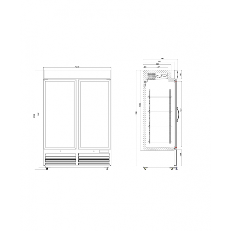 Vitrine réfrigérée murale 2 portes JULIA - 1m37x0.70mx1m99 - 4 niveaux de grilles + base - LED - EUROVITRINE_1