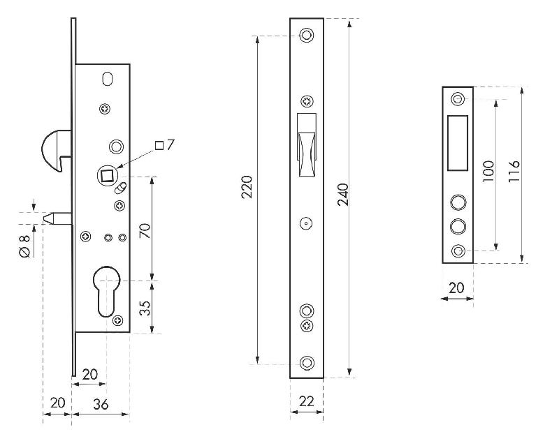 Serrure encastrable pour porte d'entrée à cylindre - Crochet A20 E70 L36 - THIRARD - Acier zingué_1
