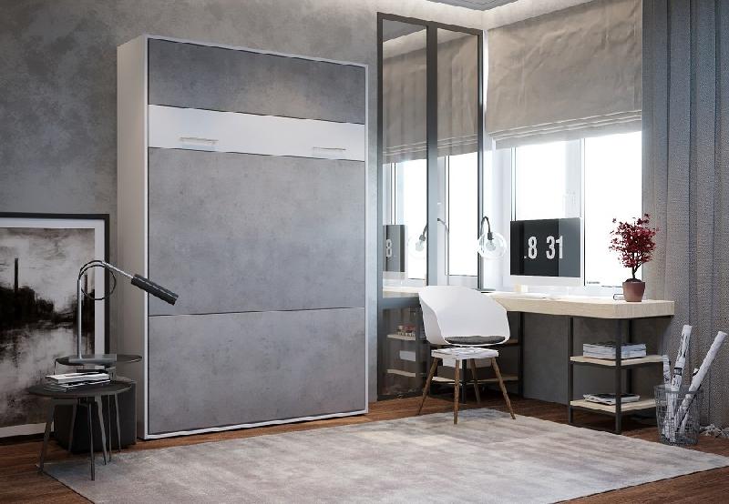 Lit escamotable LOFT blanc - façade gris béton - couchage 160 x 200 cm - design moderne et gain de place_1
