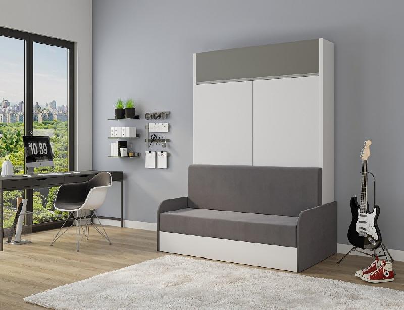Armoire lit escamotable ALADYNO SOFA - Blanc mat, bandeau gris, canapé gris - Couchage 160x200 cm_1