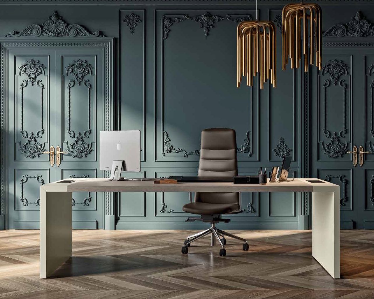 Bureau de direction E10 - Esthétique moderne et traditionnel, plateau en bois plaqué et options cuir_1