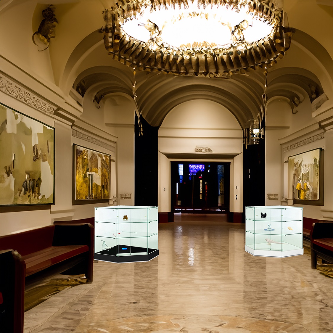 Vitrine d'exposition en verre trempé sécurisé - Modèle angle blanc - Réf : 222102 - Toit en verre, 3 niveaux, roulettes invisibles_1