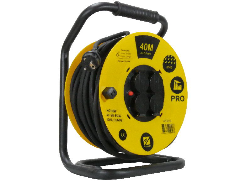 Enrouleur électrique de chantier - câble 3G2,5 mm² - usage intérieur/extérieur - 4 prises IP44 - puissance max 5A/230V enroulé, 16A/230V déroulé_1