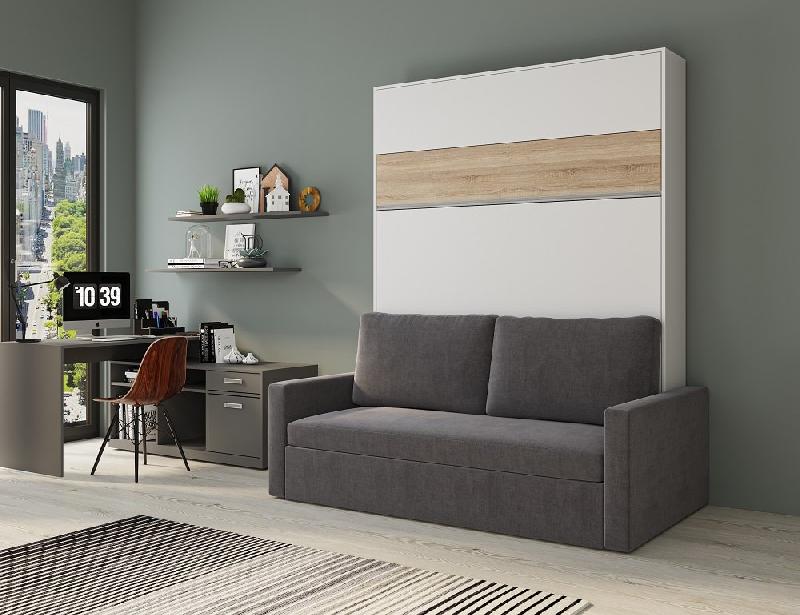 Armoire lit escamotable DJUKE SOFA - Blanc bandeau chêne - Canapé gris 160x200 cm avec coussins et coffre intégré_1