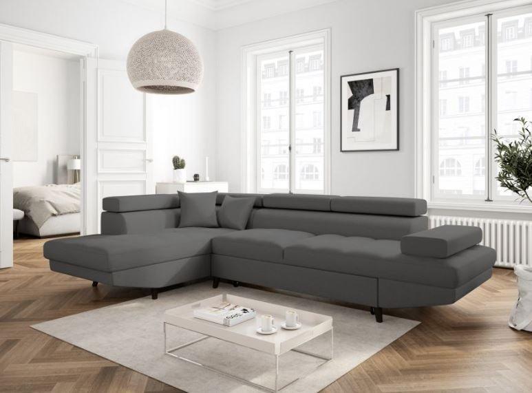 Canapé d'angle méridienne gauche coffre RINO - convertible gris graphite - pieds laqués noir - 3 têtières réglables_1