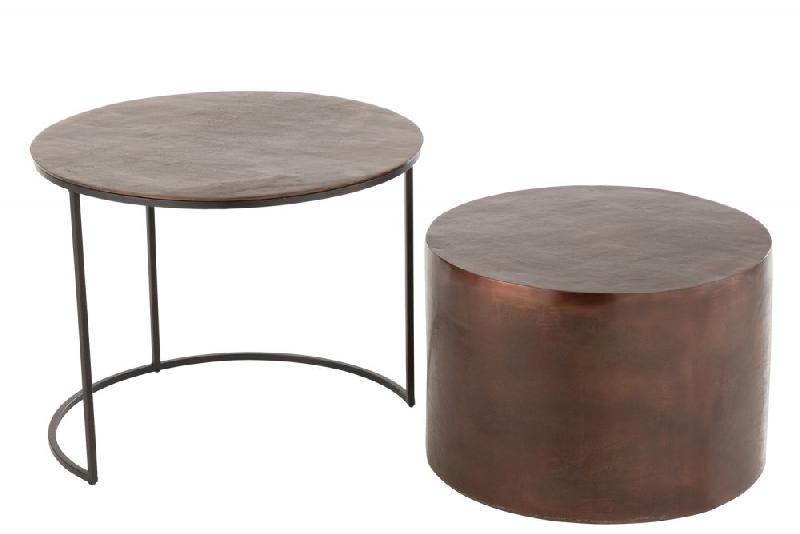 Lot de 2 tables gigognes rondes marron - Aluminium et fer - Style rétro antique_1