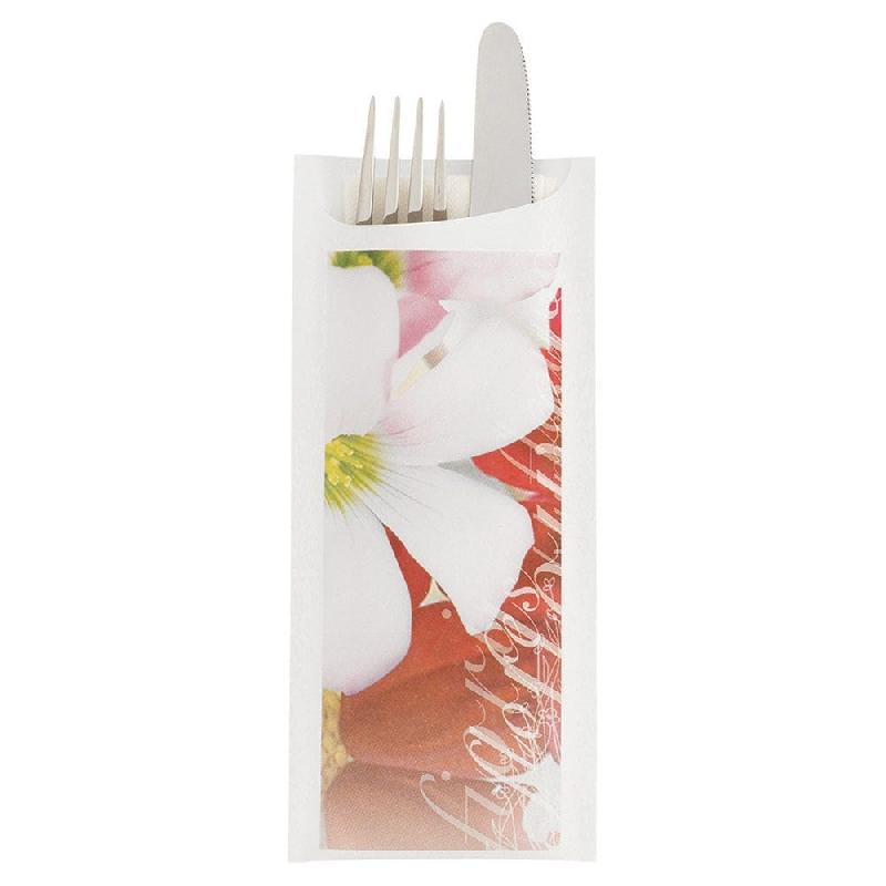 Etui pour couverts papier Fleurs + serviette blanche intissée 8,5x19,5cm par 250_1