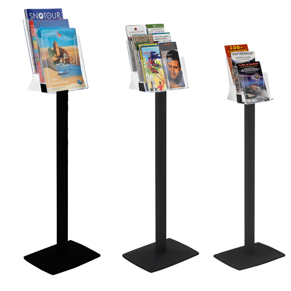 Porte-brochures et revues en plexiglass cristal sur pied noir - 3 cases A4 - Réf : 214710NR_1