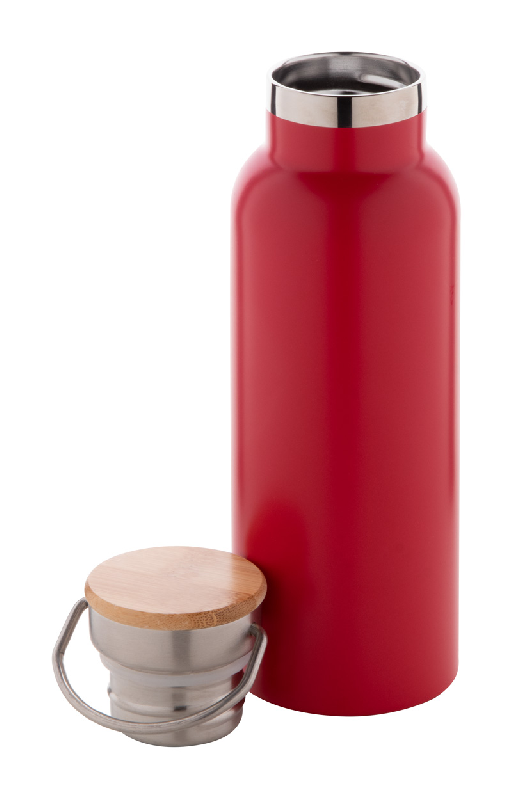 Thermos en inox à double paroi - 500 ml - Couvercle en bambou et accroche en métal - Couleur rouge_1