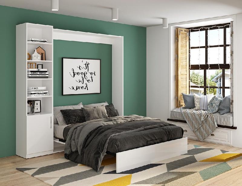 Composition armoire lit DYNAMO - Façade blanc brillant - Colonne bibliothèque blanc mat - Couchage 160x200 cm - Gain de place et design contemporain_1