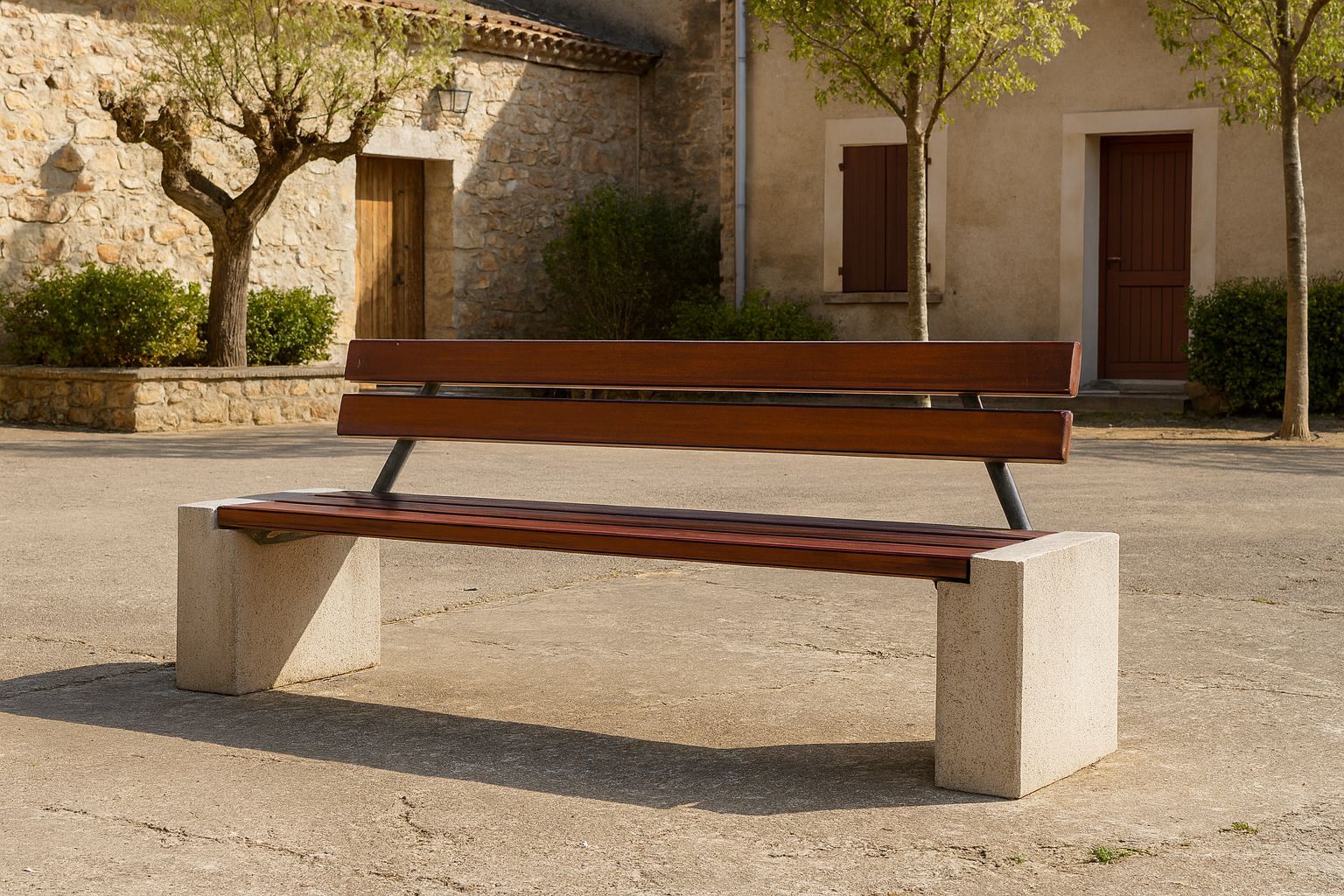 Banc public en béton avec dossier Firenze - fibres projetées - lattes en bois Iroko_0