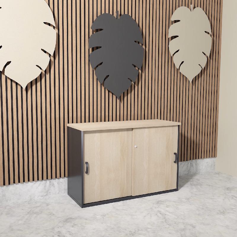 Armoire basse à portes coulissantes Mobel Linea. - 100, Gris anthracite, Acacia clair_1