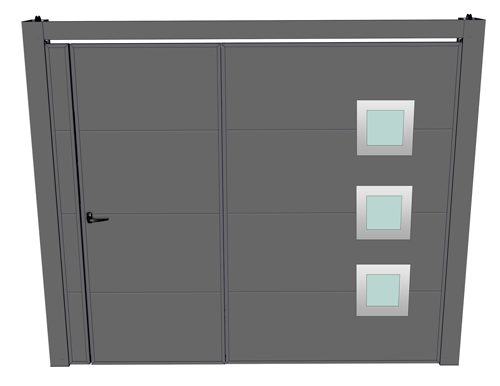 Porte de garage basculante isobas / motorisée / débordante / en panneau sandwich /   avec portillon et hublot / isolation thermique_2