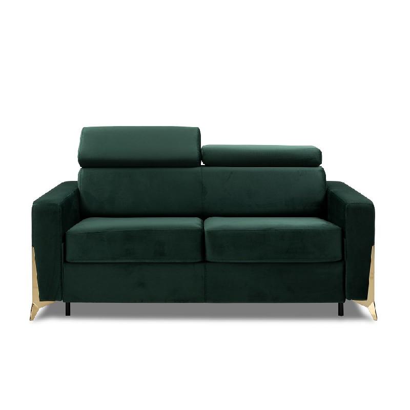 Canapé convertible express ODACIO - sommier à lattes 140x197 cm - têtières réglables - matelas 16 cm - pieds dorés - velours vert_1