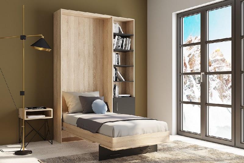 Lit escamotable industriel KEY - Bi-ton chêne et noir mat - 90x200 cm avec rangement et bibliothèque - L155xH219xP42 cm_1