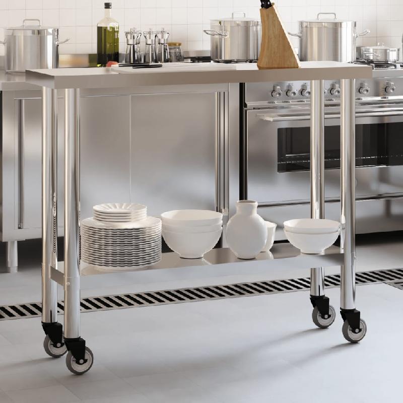 Vidaxl table de travail de cuisine avec roues 110x30x85 cm inox 376461_1