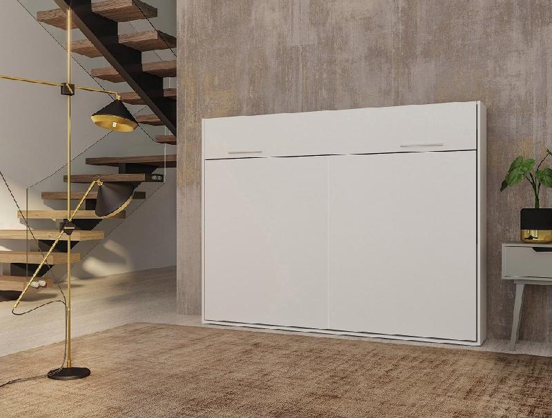 Armoire lit escamotable Vertigo blanc mat - couchage 160x200 cm - ouverture transversale et sommier à lattes_1