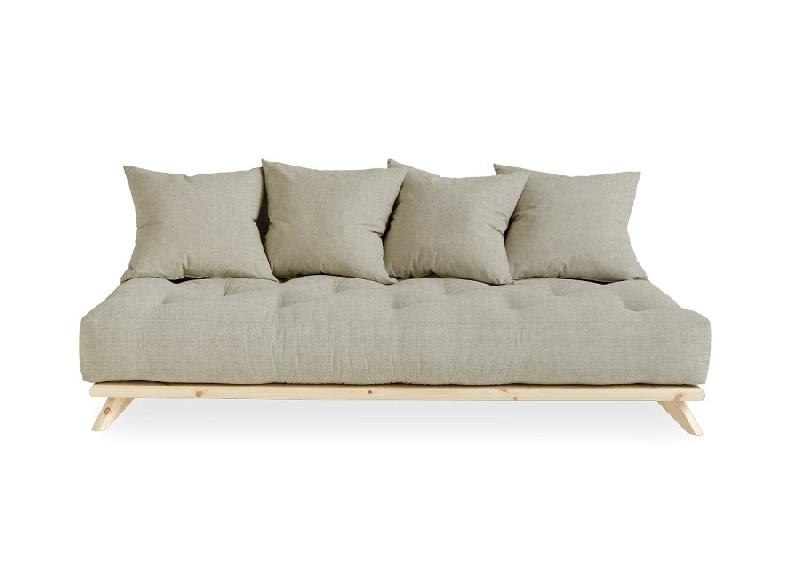 Canapé convertible futon Senza - Pin naturel, tissu lin, couchage 90 x 200 cm - Design minimaliste et modulable_1