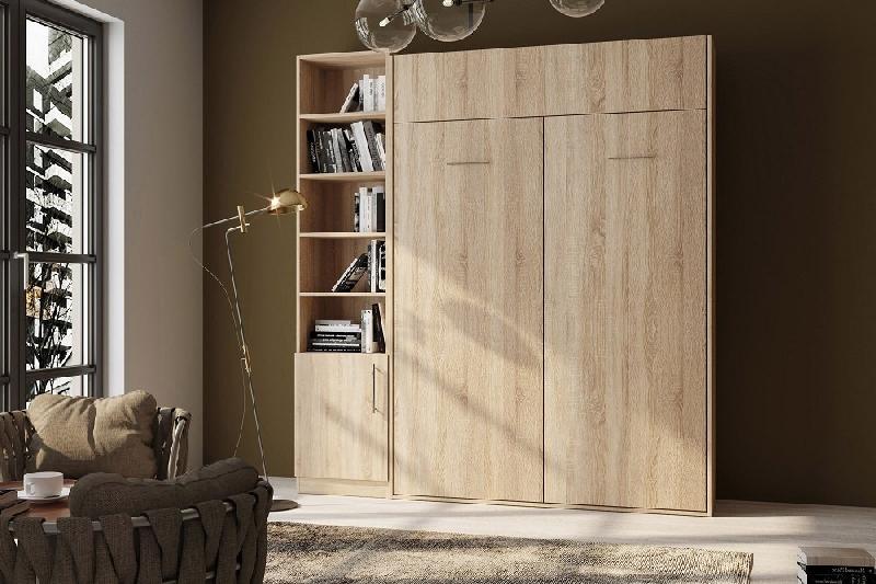 Composition lit escamotable Dynamo chêne - Couchage 140 x 200 cm avec colonne bibliothèque intégrée_1