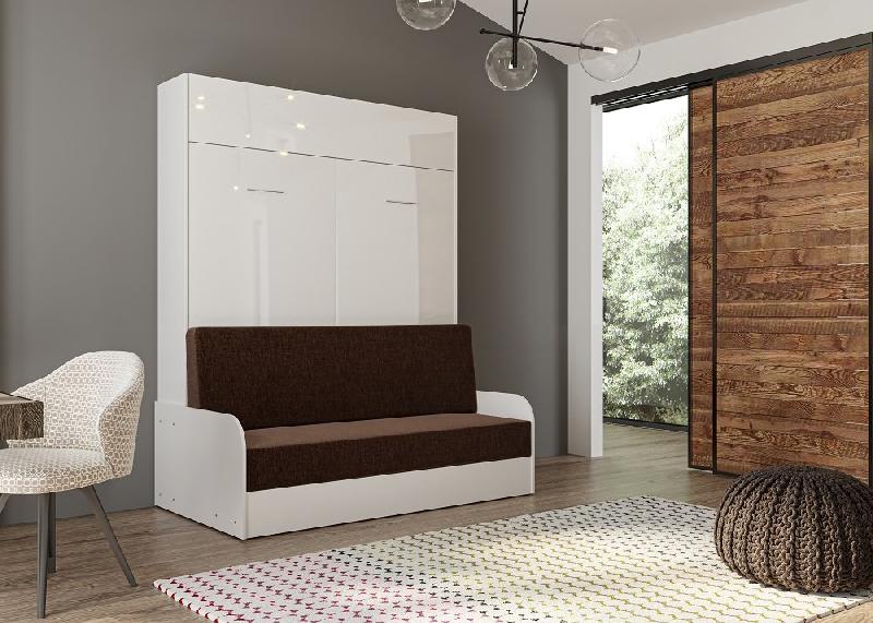 Armoire lit escamotable Dynamo Sofa - accoudoirs, façade blanc brillant et canapé marron - couchage 160x200 cm_1