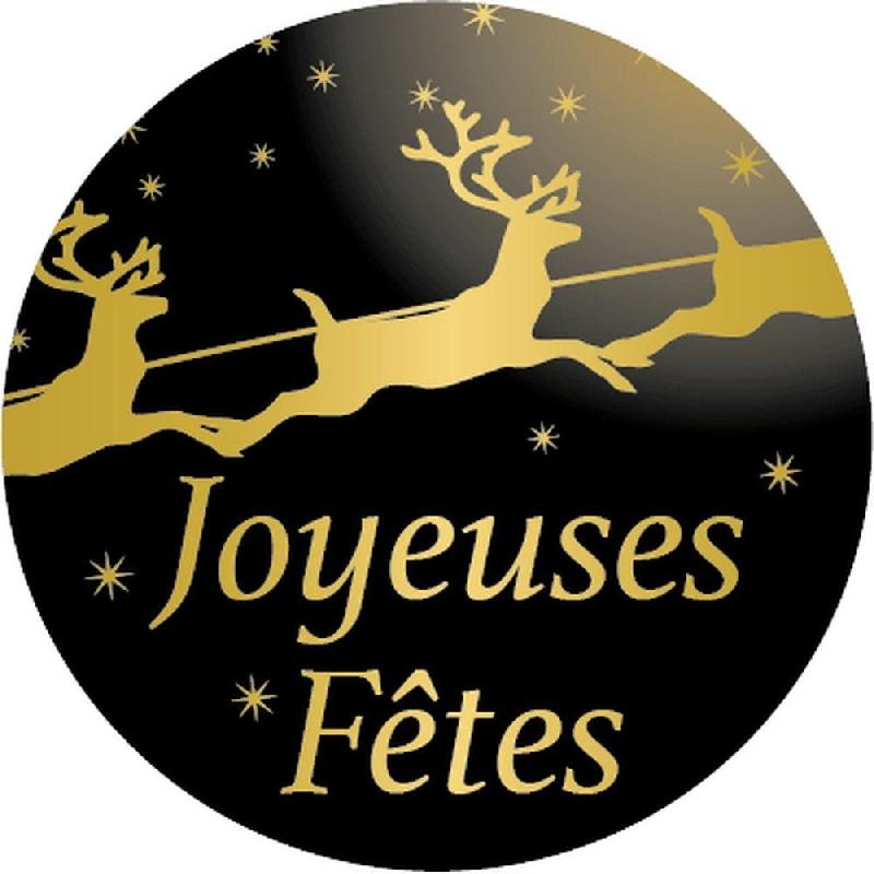 Etiquette cadeau adhésive Joyeuses noir et or Rennes Ø35mm - par 500_1