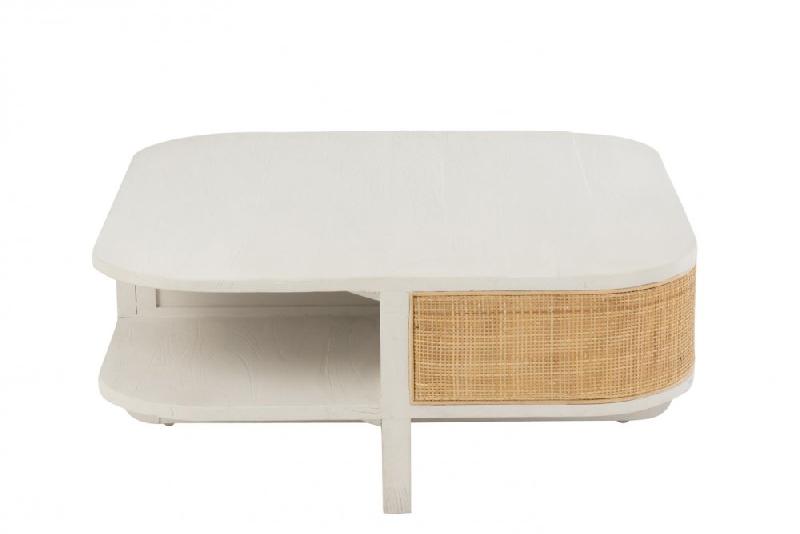 Table basse RARY en bois exotique blanc et rotin naturel - design avec niche de rangement - 50 kg de capacité portante_1