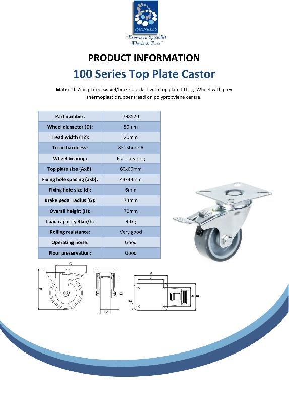 Roulette pivotante/frein de 50 mm en caoutchouc TPR gris sur roue centrale en polypropylène_1